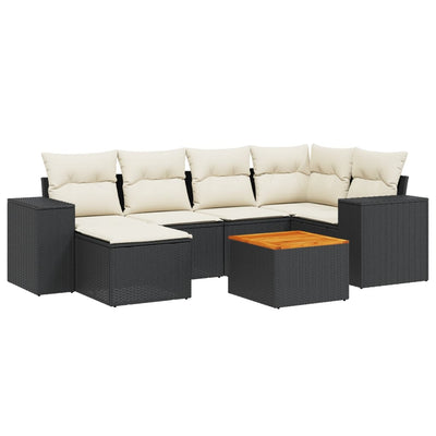 7 Piece Garden Sofa Set with Cushions Black Poly Rattan