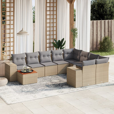 10 Piece Garden Sofa Set with Cushions Beige Poly Rattan