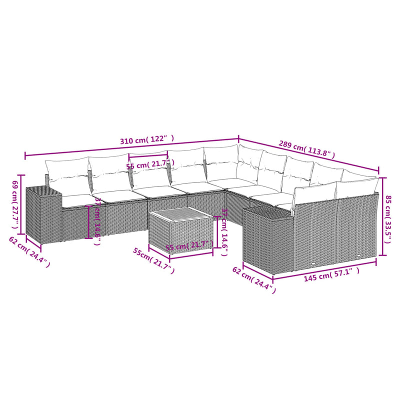 11 Piece Garden Sofa Set with Cushions Grey Poly Rattan