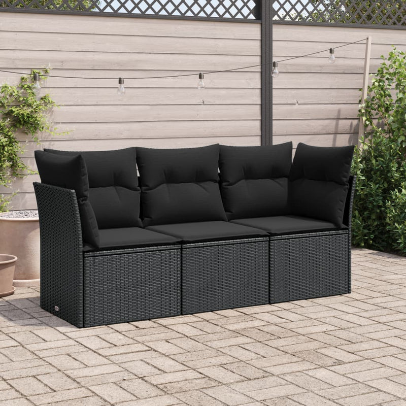 3 Piece Garden Sofa Set with Cushions Black Poly Rattan