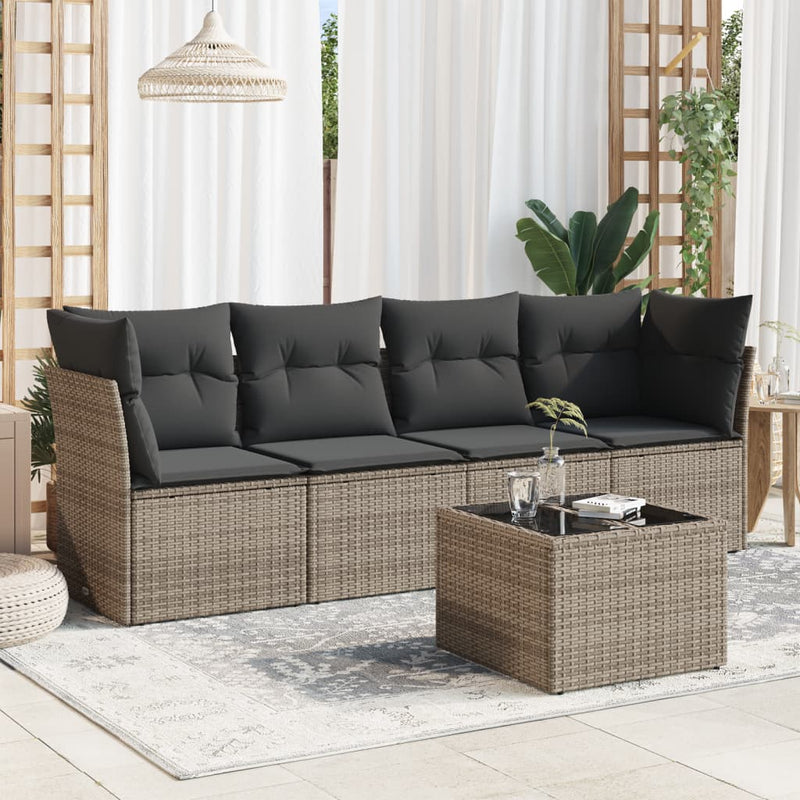 5 Piece Garden Sofa Set with Cushions Grey Poly Rattan