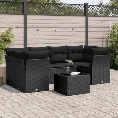 7 Piece Garden Sofa Set with Cushions Black Poly Rattan