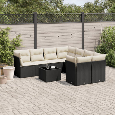 9 Piece Garden Sofa Set with Cushions Black Poly Rattan