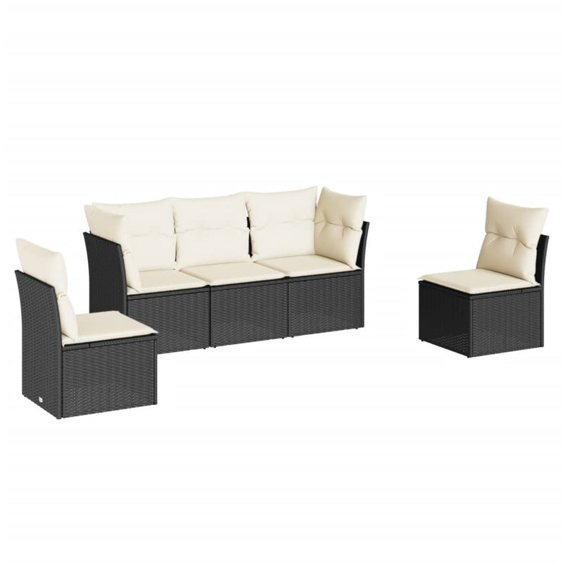 5 Piece Garden Sofa Set with Cushions Black Poly Rattan