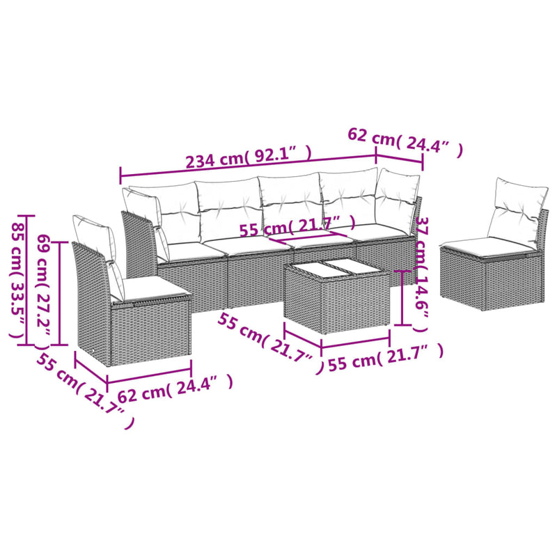 7 Piece Garden Sofa Set with Cushions Grey Poly Rattan