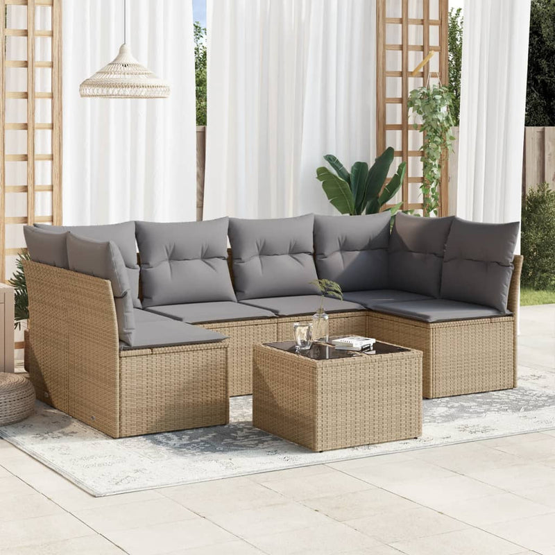 7 Piece Garden Sofa Set with Cushions Beige Poly Rattan