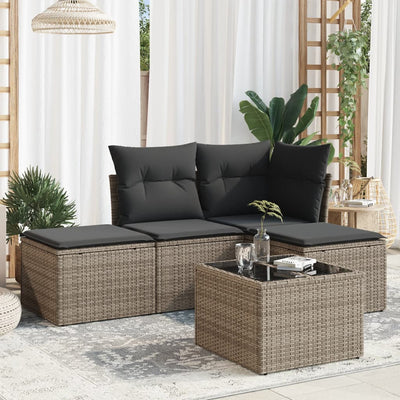 5 Piece Garden Sofa Set with Cushions Grey Poly Rattan