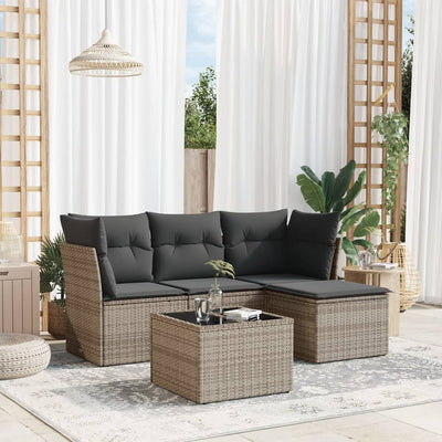 5 Piece Garden Sofa Set with Cushions Grey Poly Rattan