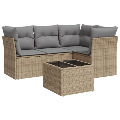 5 Piece Garden Sofa Set with Cushions Beige Poly Rattan