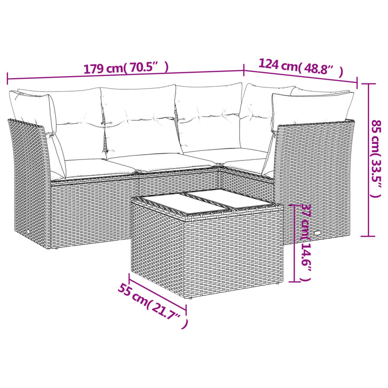 5 Piece Garden Sofa Set with Cushions Grey Poly Rattan