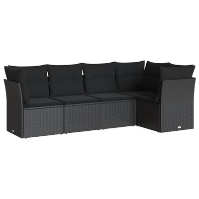 5 Piece Garden Sofa Set with Cushions Black Poly Rattan