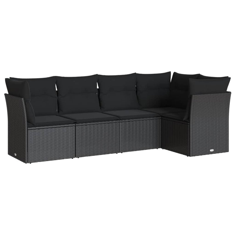 5 Piece Garden Sofa Set with Cushions Black Poly Rattan