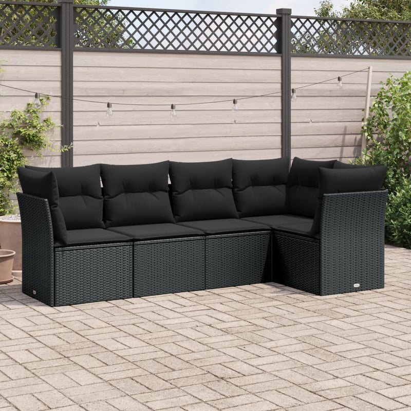 5 Piece Garden Sofa Set with Cushions Black Poly Rattan