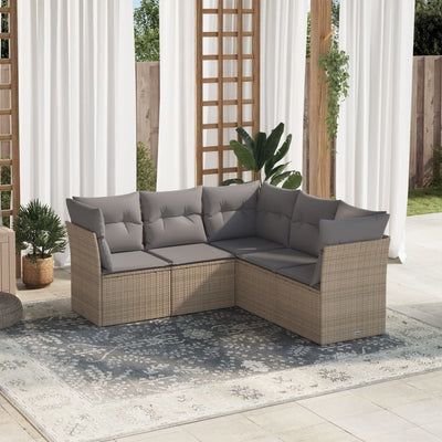 5 Piece Garden Sofa Set with Cushions Beige Poly Rattan