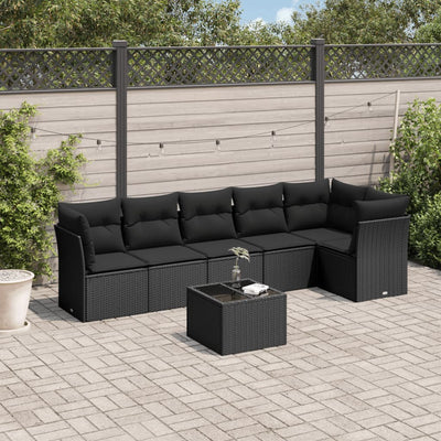 7 Piece Garden Sofa Set with Cushions Black Poly Rattan