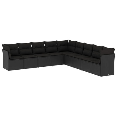 9 Piece Garden Sofa Set with Cushions Black Poly Rattan