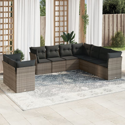 9 Piece Garden Sofa Set with Cushions Grey Poly Rattan