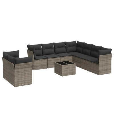 10 Piece Garden Sofa Set with Cushions Grey Poly Rattan