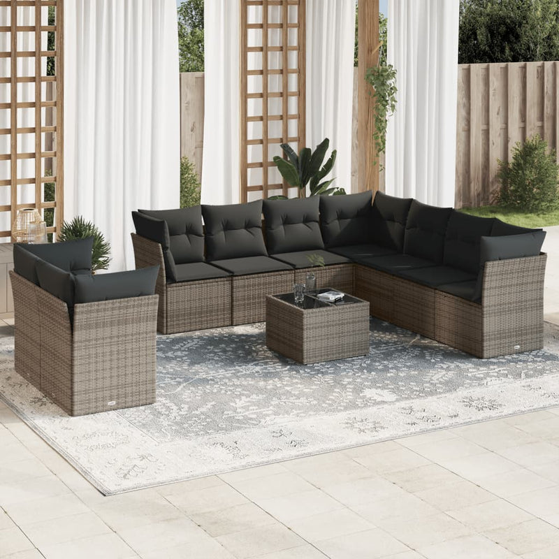 10 Piece Garden Sofa Set with Cushions Grey Poly Rattan