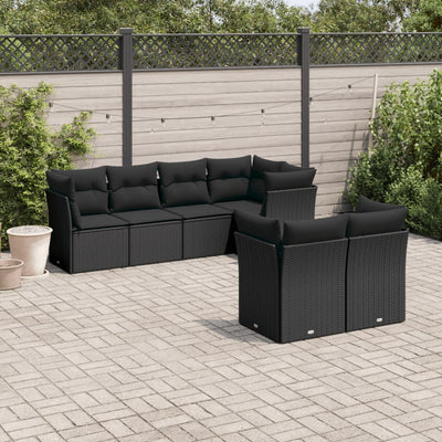 7 Piece Garden Sofa Set with Cushions Black Poly Rattan