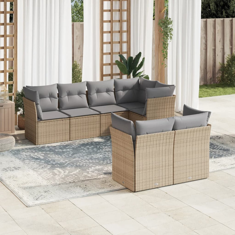 7 Piece Garden Sofa Set with Cushions Beige Poly Rattan