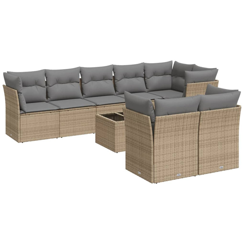 9 Piece Garden Sofa Set with Cushions Beige Poly Rattan