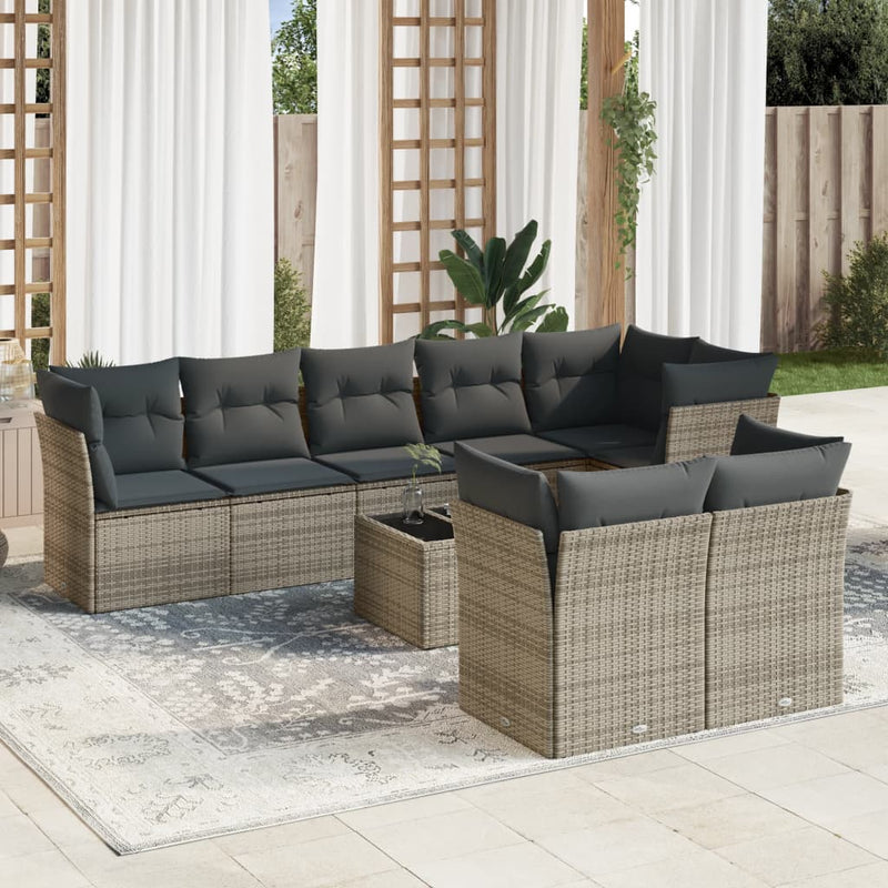 9 Piece Garden Sofa Set with Cushions Grey Poly Rattan