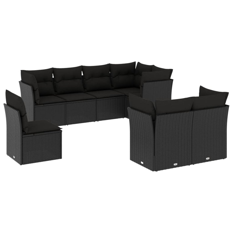 8 Piece Garden Sofa Set with Cushions Black Poly Rattan