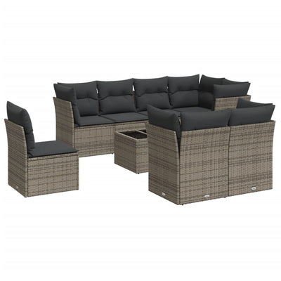 9 Piece Garden Sofa Set with Cushions Grey Poly Rattan