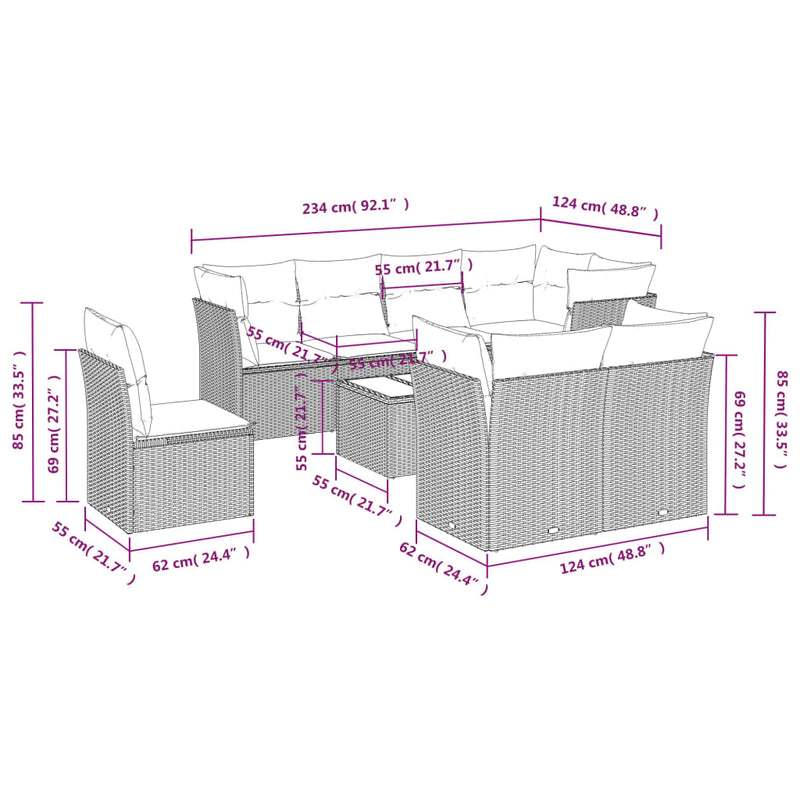 9 Piece Garden Sofa Set with Cushions Grey Poly Rattan