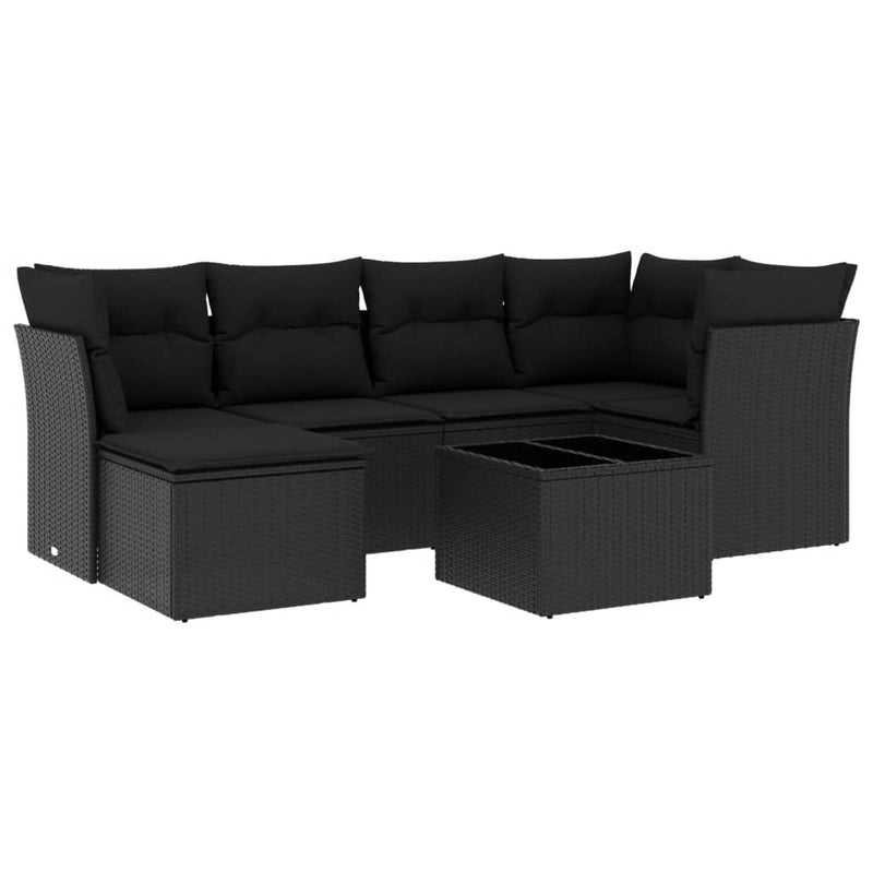 7 Piece Garden Sofa Set with Cushions Black Poly Rattan