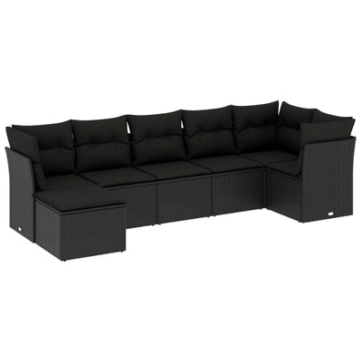 7 Piece Garden Sofa Set with Cushions Black Poly Rattan