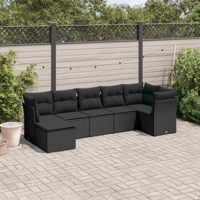 7 Piece Garden Sofa Set with Cushions Black Poly Rattan