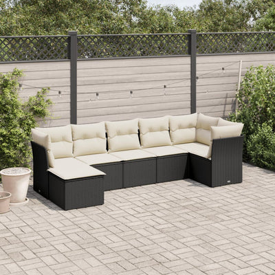 7 Piece Garden Sofa Set with Cushions Black Poly Rattan