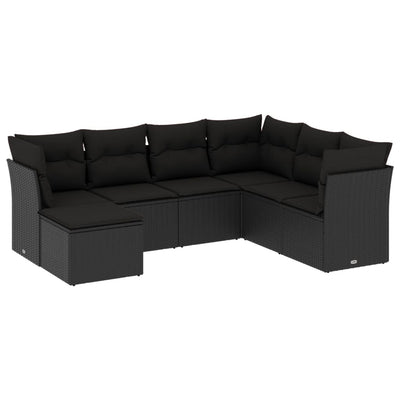 7 Piece Garden Sofa Set with Cushions Black Poly Rattan