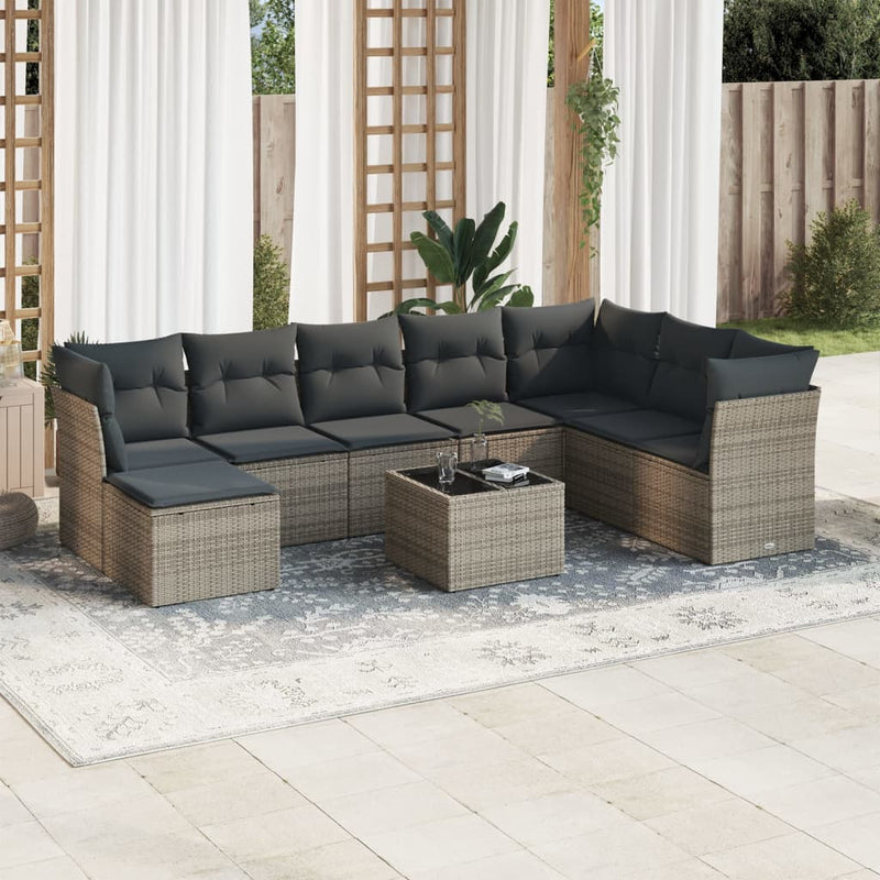 9 Piece Garden Sofa Set with Cushions Grey Poly Rattan