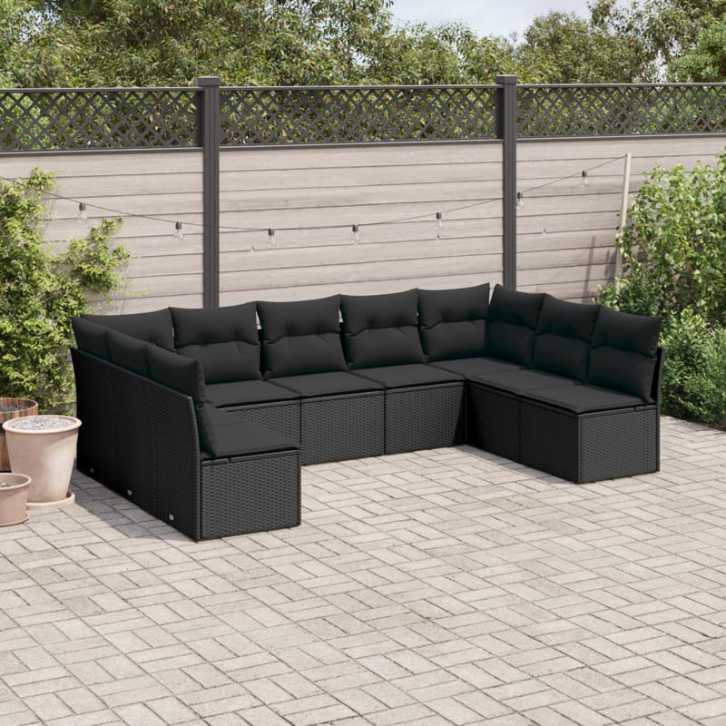 9 Piece Garden Sofa Set with Cushions Black Poly Rattan