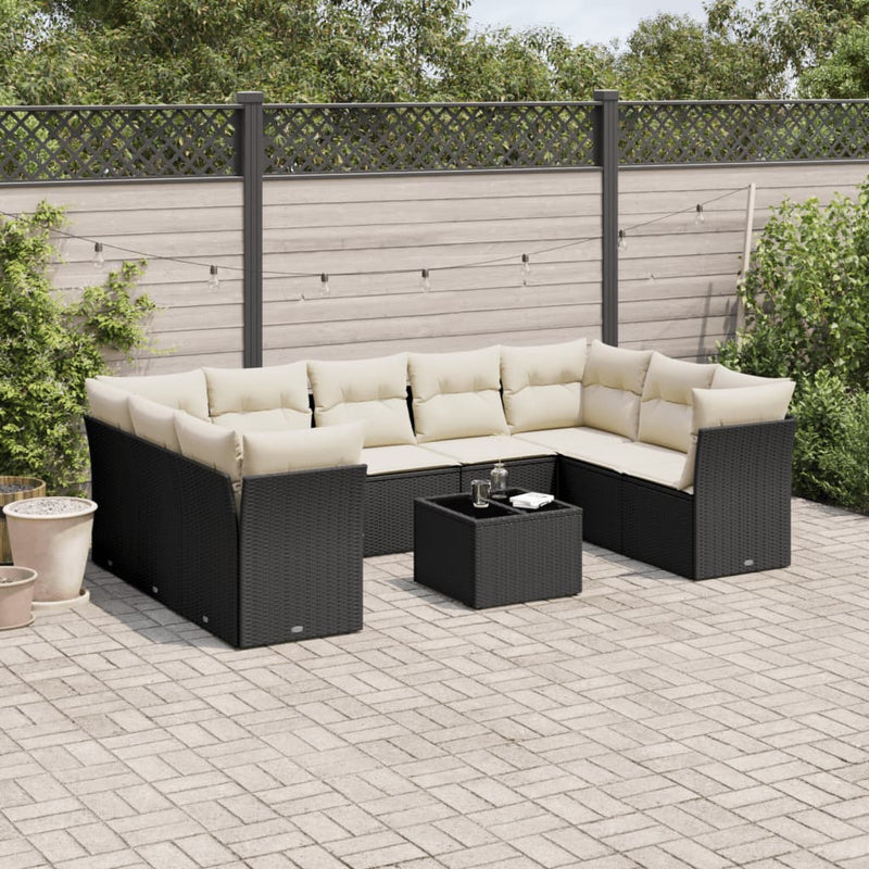 10 Piece Garden Sofa Set with Cushions Black Poly Rattan