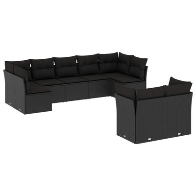 9 Piece Garden Sofa Set with Cushions Black Poly Rattan