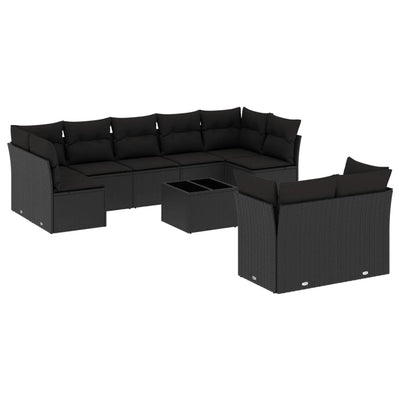 10 Piece Garden Sofa Set with Cushions Black Poly Rattan