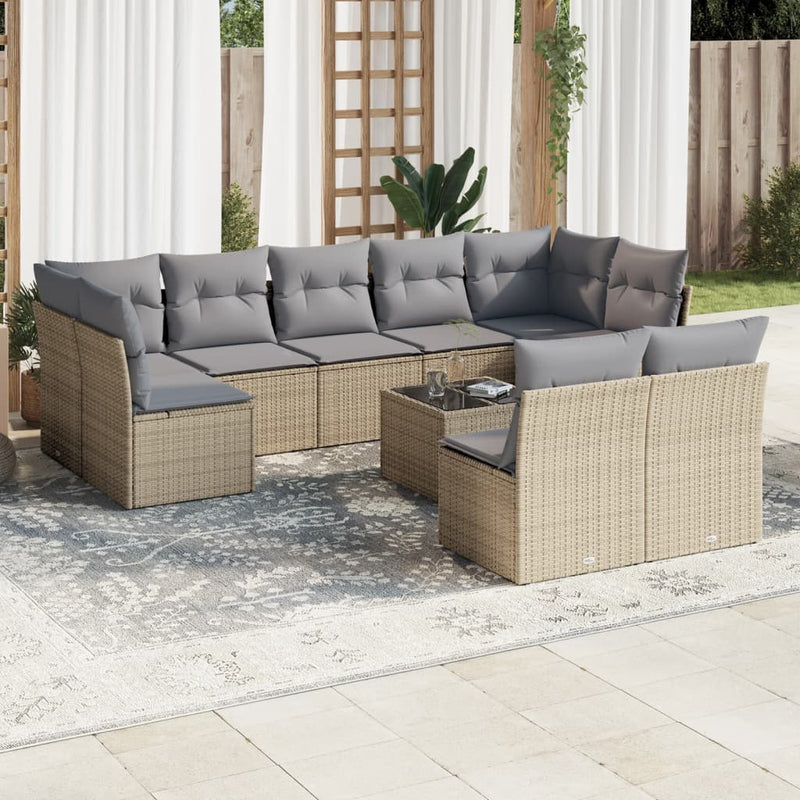 10 Piece Garden Sofa Set with Cushions Beige Poly Rattan