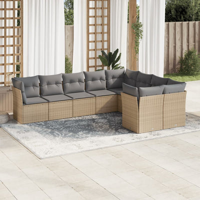 9 Piece Garden Sofa Set with Cushions Beige Poly Rattan