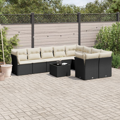 10 Piece Garden Sofa Set with Cushions Black Poly Rattan