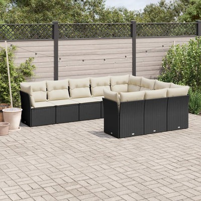 10 Piece Garden Sofa Set with Cushions Black Poly Rattan