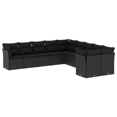 10 Piece Garden Sofa Set with Cushions Black Poly Rattan