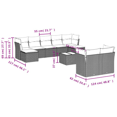 10 Piece Garden Sofa Set with Cushions Grey Poly Rattan