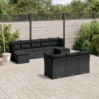 10 Piece Garden Sofa Set with Cushions Black Poly Rattan