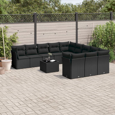 12 Piece Garden Sofa Set with Cushions Black Poly Rattan