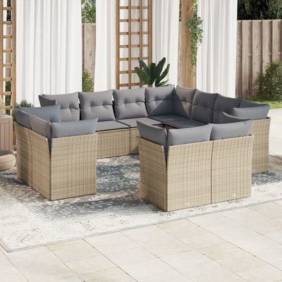 11 Piece Garden Sofa Set with Cushions Beige Poly Rattan