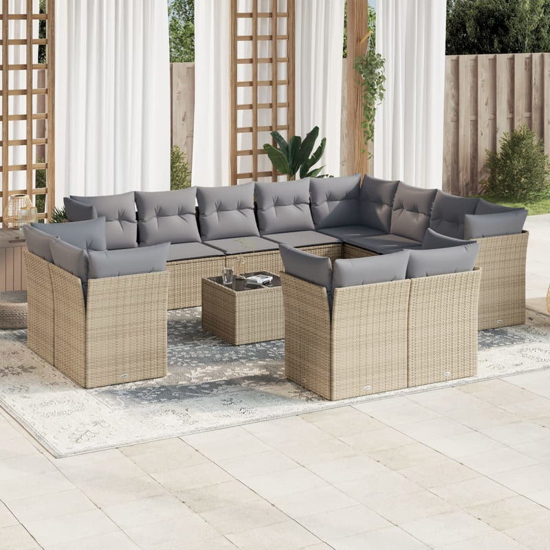 13 Piece Garden Sofa Set with Cushions Beige Poly Rattan